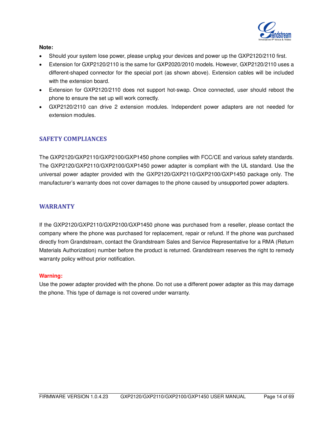 Grandstream Networks GXP2100, GXP2110, GXP1450 user manual Safety Compliances, Warranty 