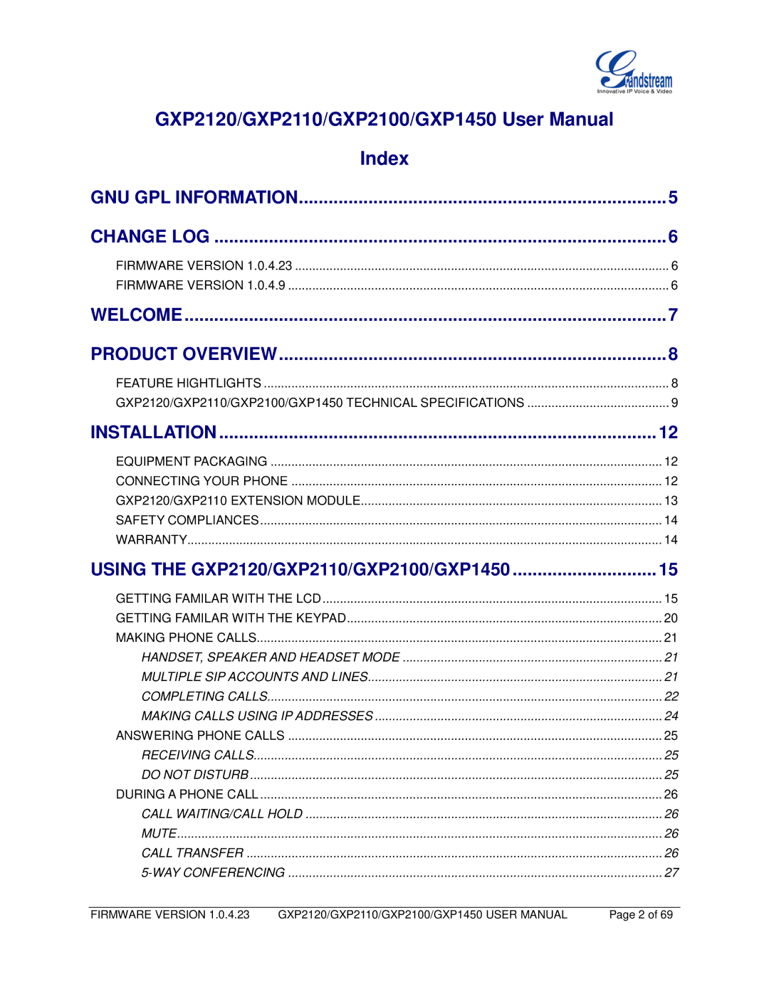 Grandstream Networks GXP2100, GXP2110, GXP1450 user manual Index 