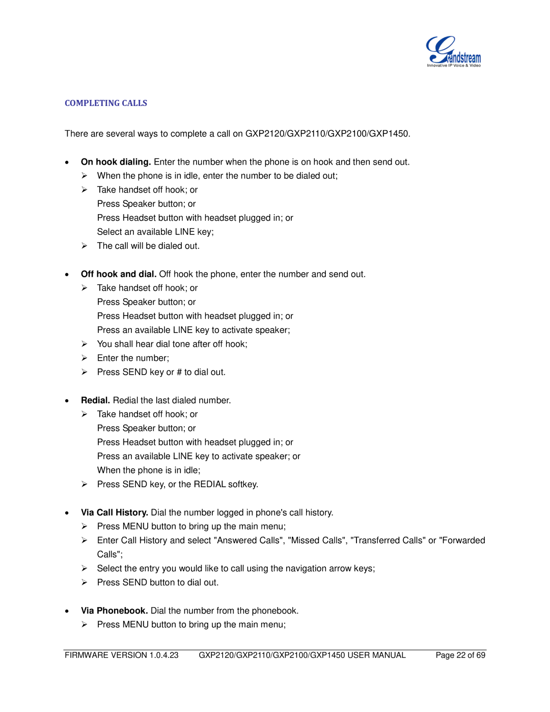 Grandstream Networks GXP1450, GXP2110, GXP2100 user manual Completing Calls 