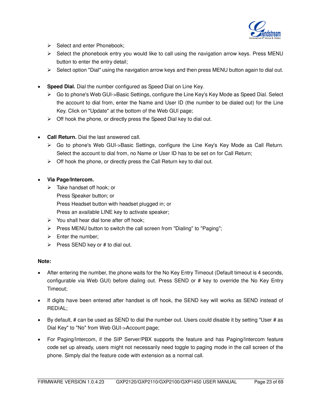 Grandstream Networks GXP2100, GXP2110, GXP1450 user manual Via Page/Intercom, Redial 