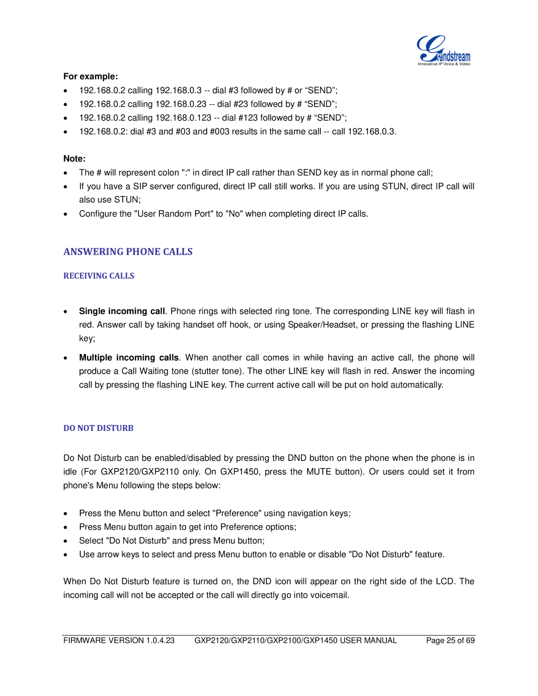 Grandstream Networks GXP1450, GXP2110, GXP2100 user manual Answering Phone Calls, Receiving Calls, Do not Disturb 