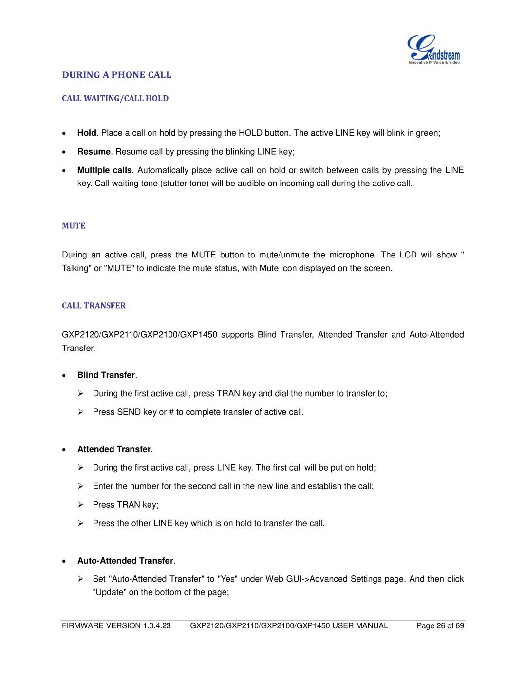 Grandstream Networks GXP2100, GXP2110, GXP1450 user manual During a Phone Call, Call WAITING/CALL Hold, Mute, Call Transfer 