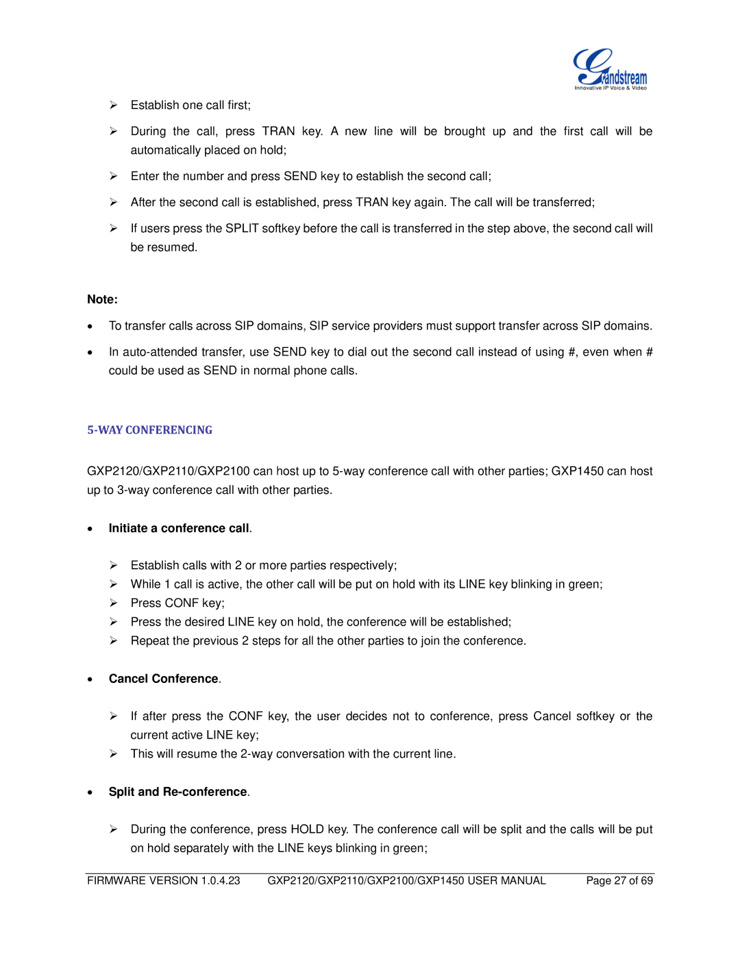 Grandstream Networks GXP2110 WAY Conferencing, Initiate a conference call, Cancel Conference, Split and Re-conference 