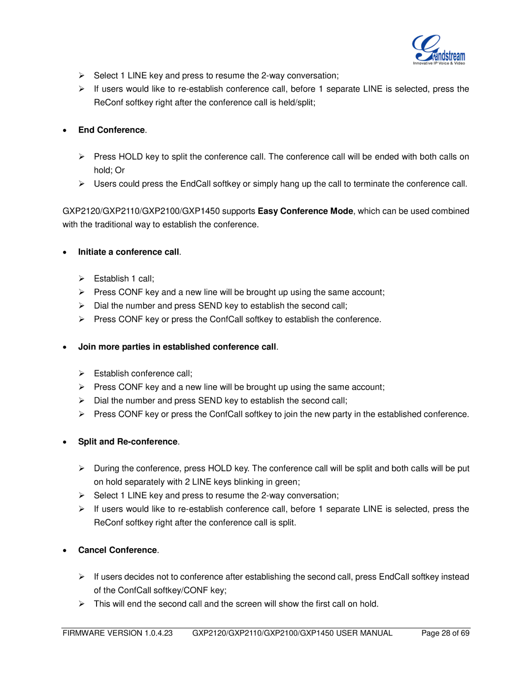 Grandstream Networks GXP1450, GXP2110, GXP2100 user manual End Conference, Join more parties in established conference call 