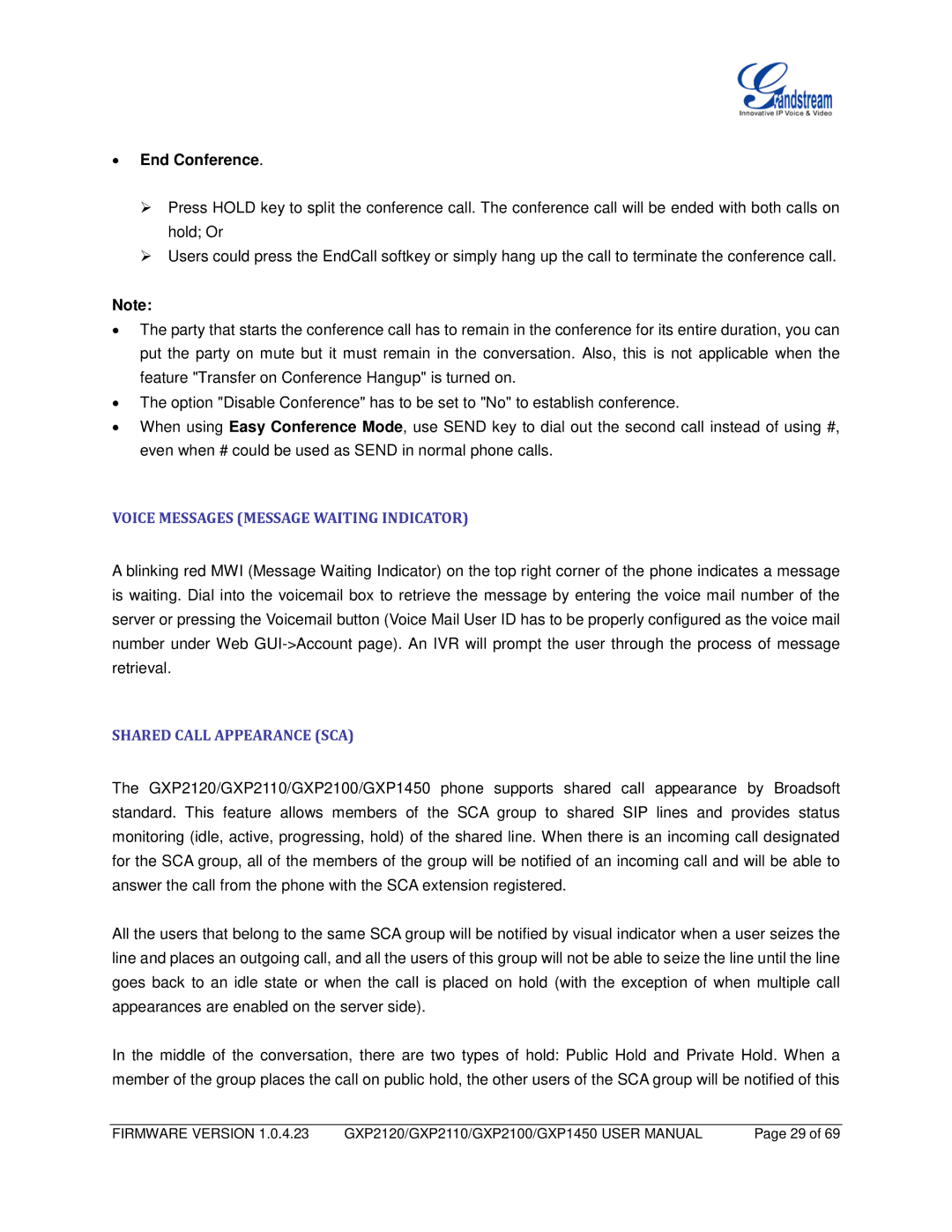 Grandstream Networks GXP2100, GXP2110, GXP1450 Voice Messages Message Waiting Indicator, Shared Call Appearance SCA 