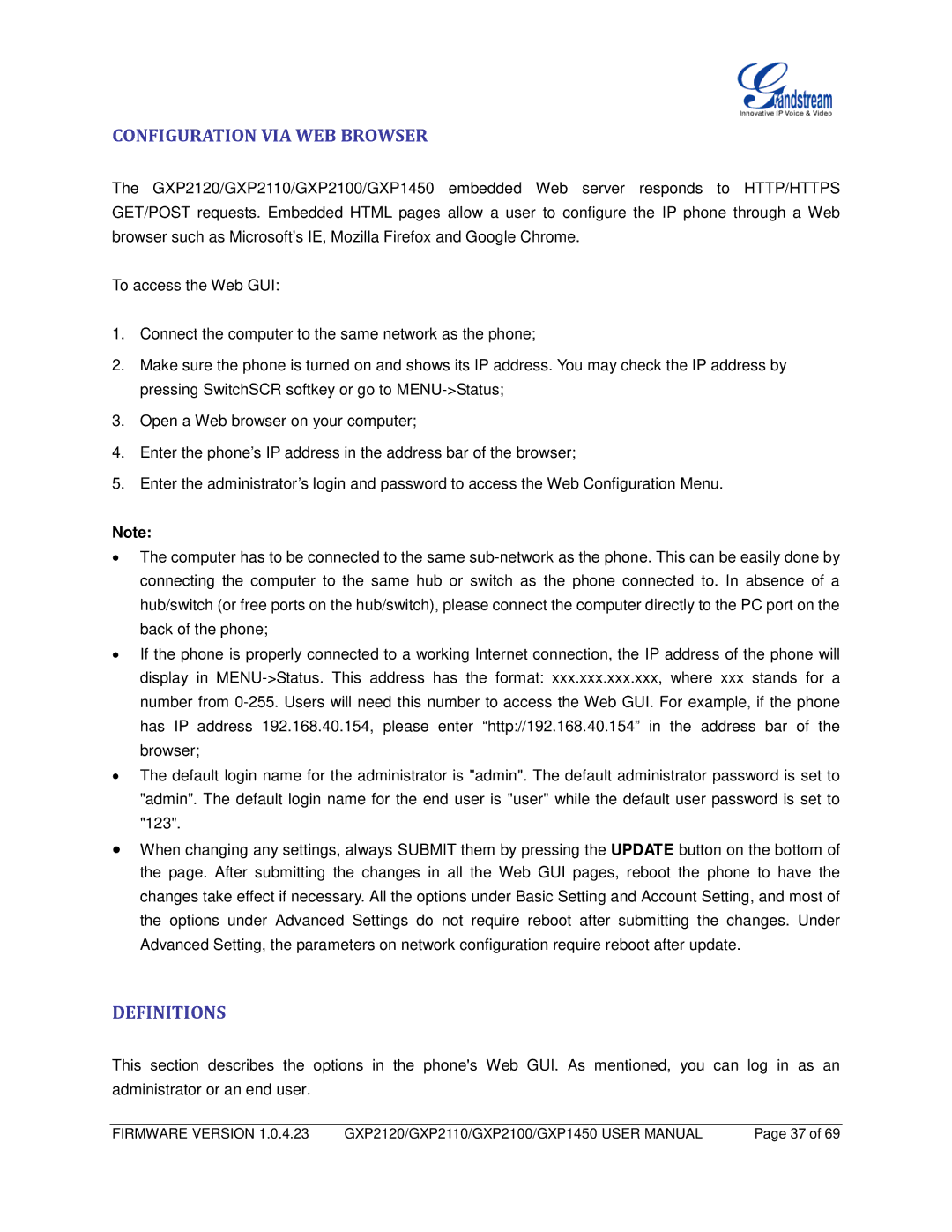 Grandstream Networks GXP1450, GXP2110, GXP2100 user manual Configuration VIA WEB Browser, Definitions 