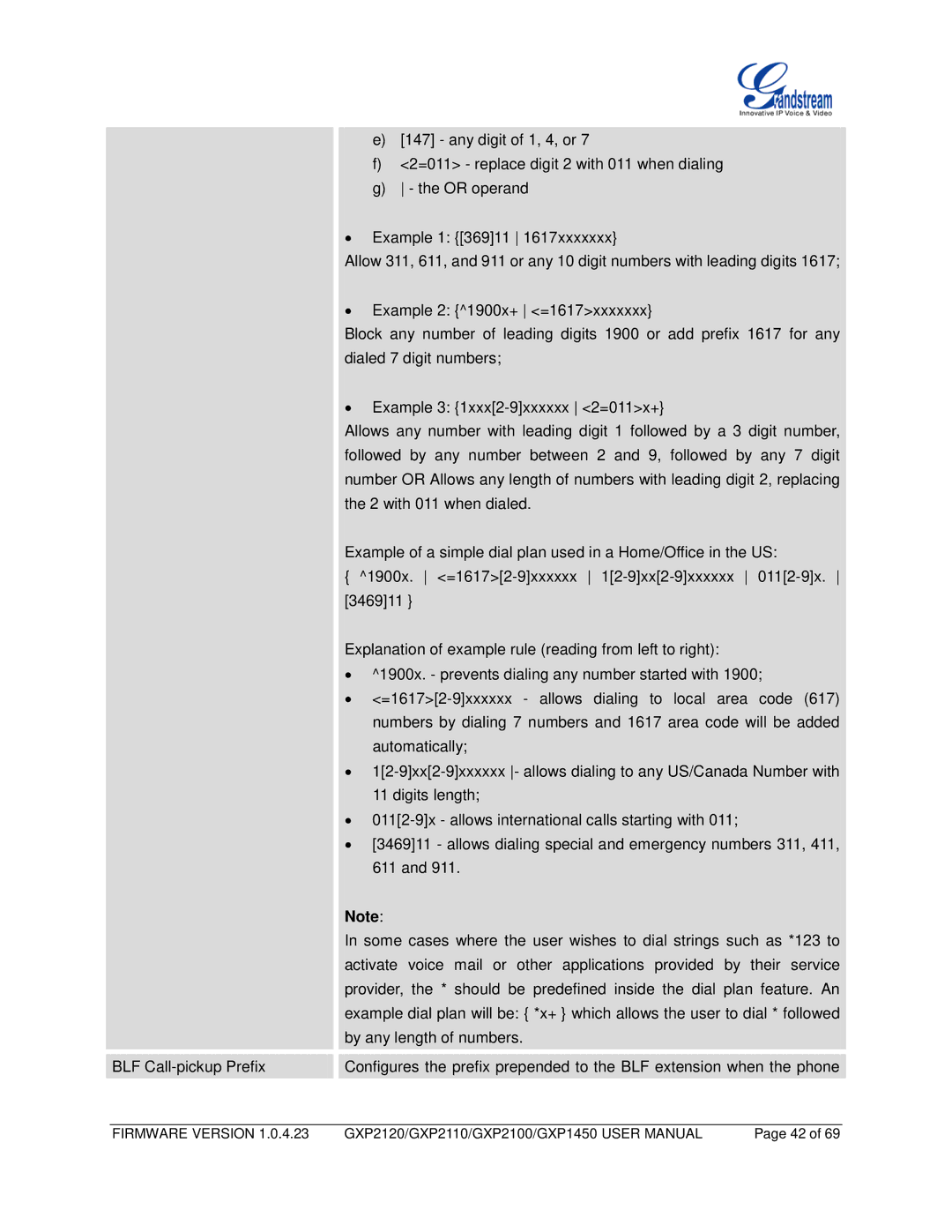 Grandstream Networks GXP2110, GXP1450, GXP2100 user manual BLF Call-pickup Prefix 