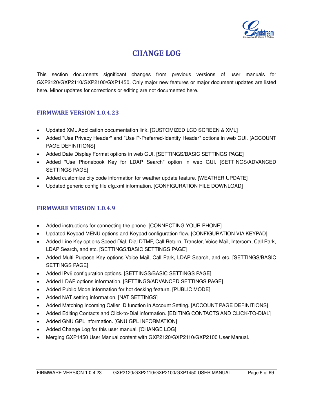 Grandstream Networks GXP2110, GXP1450, GXP2100 user manual Change LOG, Firmware Version 