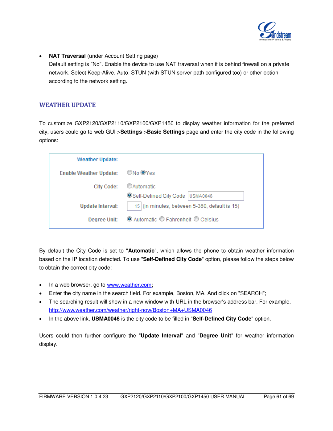 Grandstream Networks GXP1450, GXP2110, GXP2100 user manual Weather Update 