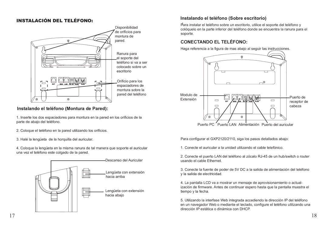 Grandstream Networks GXP2110 Instalación DEL Teléfono, Instalando el teléfono Montura de Pared, Conectando EL Teléfono 