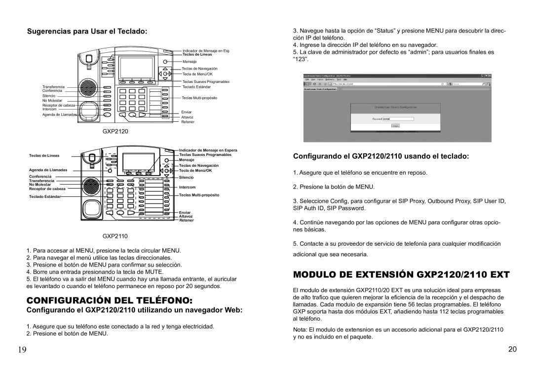 Grandstream Networks GXP2110 warranty Configuración DEL Teléfono, Modulo de Extensión GXP2120/2110 EXT 