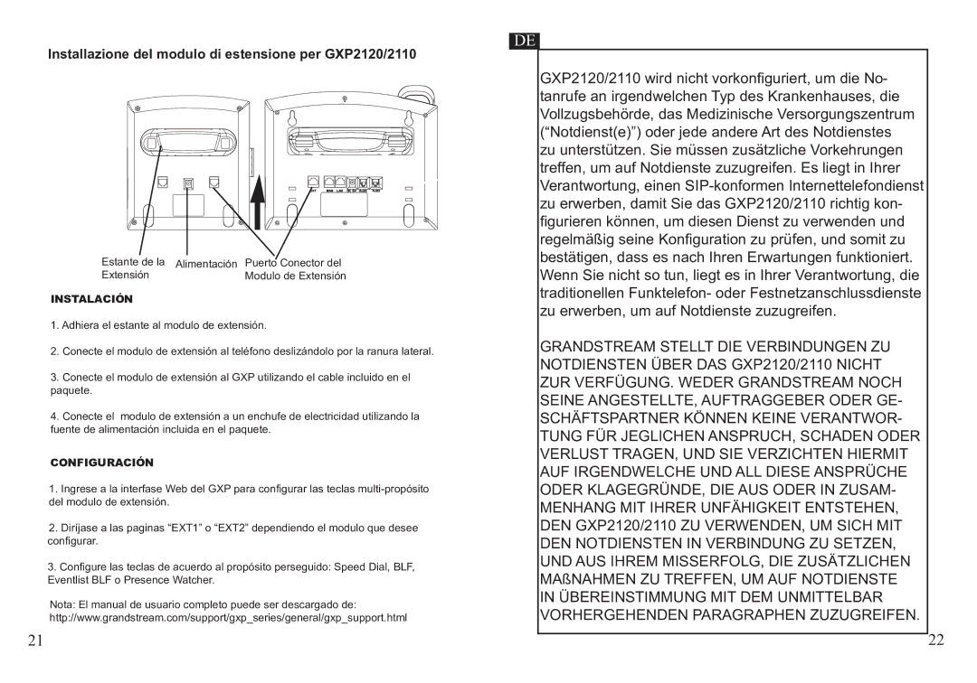 Grandstream Networks GXP2110 warranty Installazione del modulo di estensione per GXP2120/2110, Instalación, Configuración 