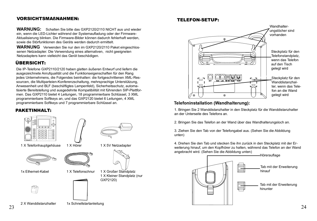 Grandstream Networks GXP2110 VORSICHTSMAßNAHMEN, Übersicht, Paketinhalt, Telefon-Setup, Telefoninstallation Wandhalterung 