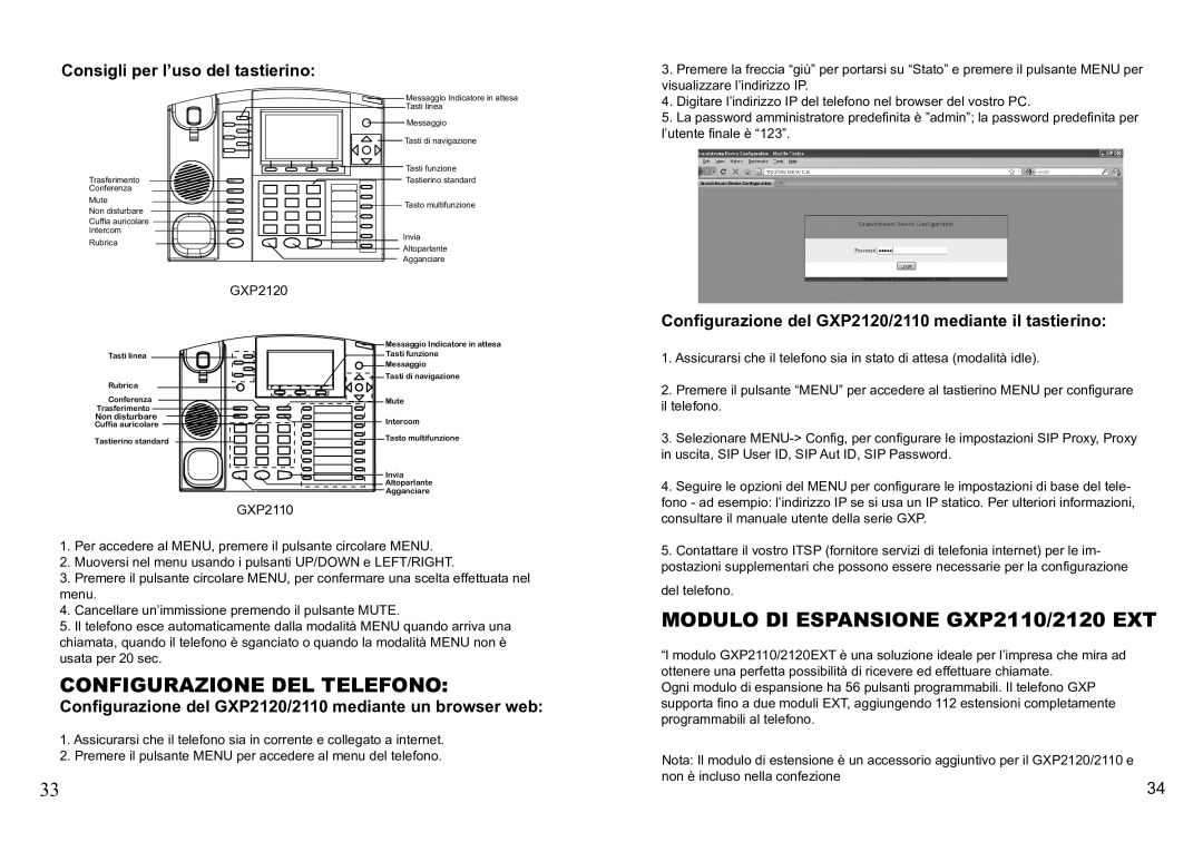 Grandstream Networks warranty Configurazione DEL Telefono, Modulo di espansione GXP2110/2120 EXT 