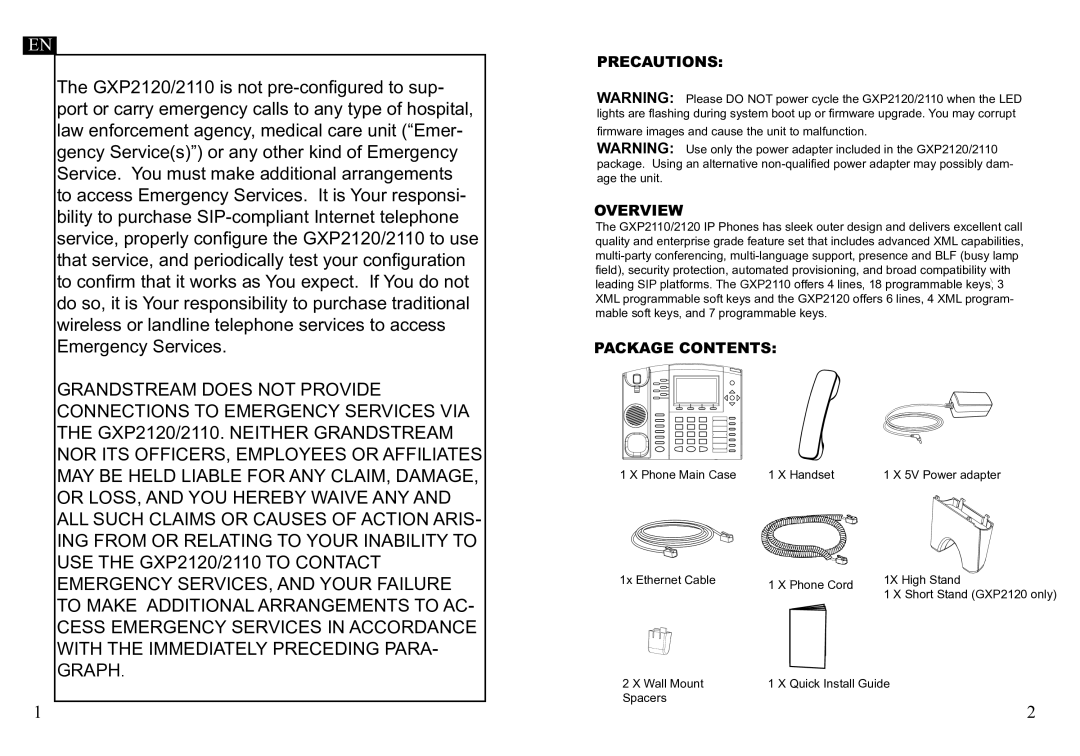 Grandstream Networks GXP2110 warranty Precautions, Overview, Package Contents 