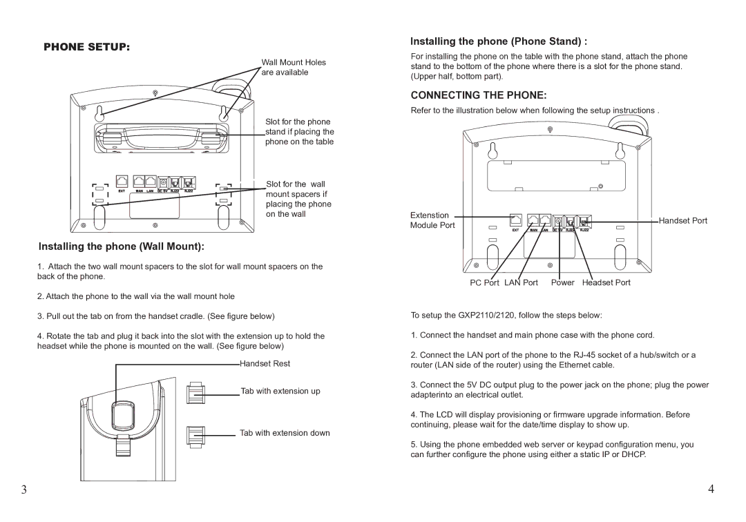 Grandstream Networks GXP2110 warranty Phone Setup, Installing the phone Wall Mount, Installing the phone Phone Stand 