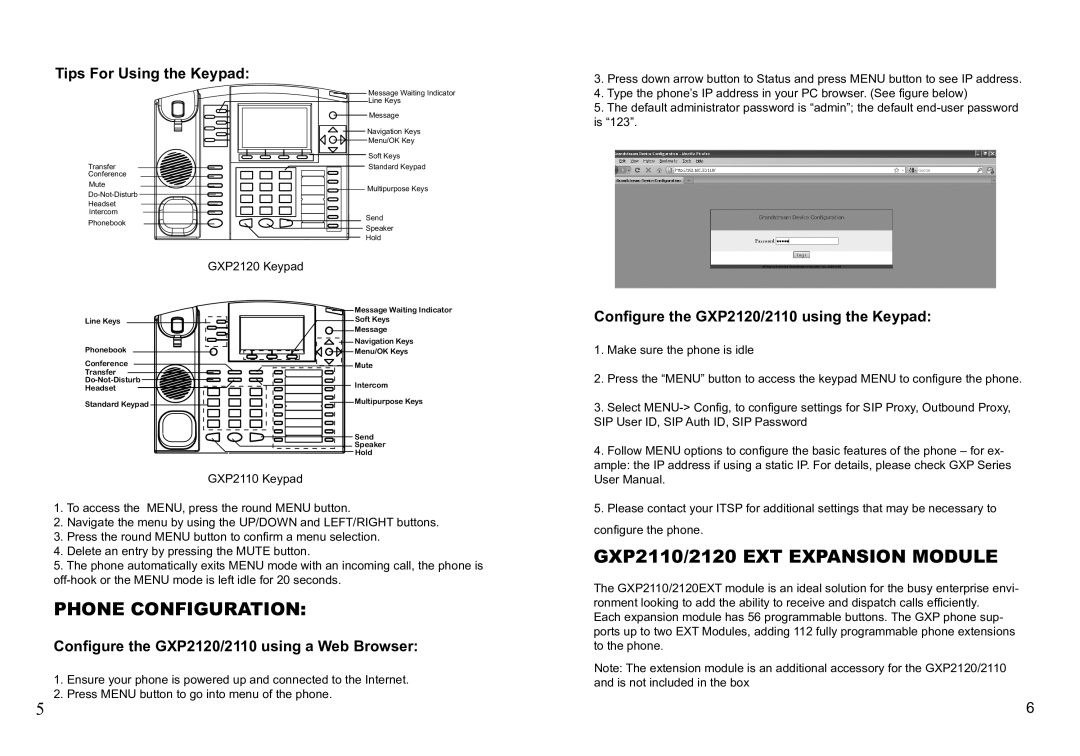 Grandstream Networks warranty Phone Configuration, GXP2110/2120 EXT EXpansion Module, Tips For Using the Keypad 