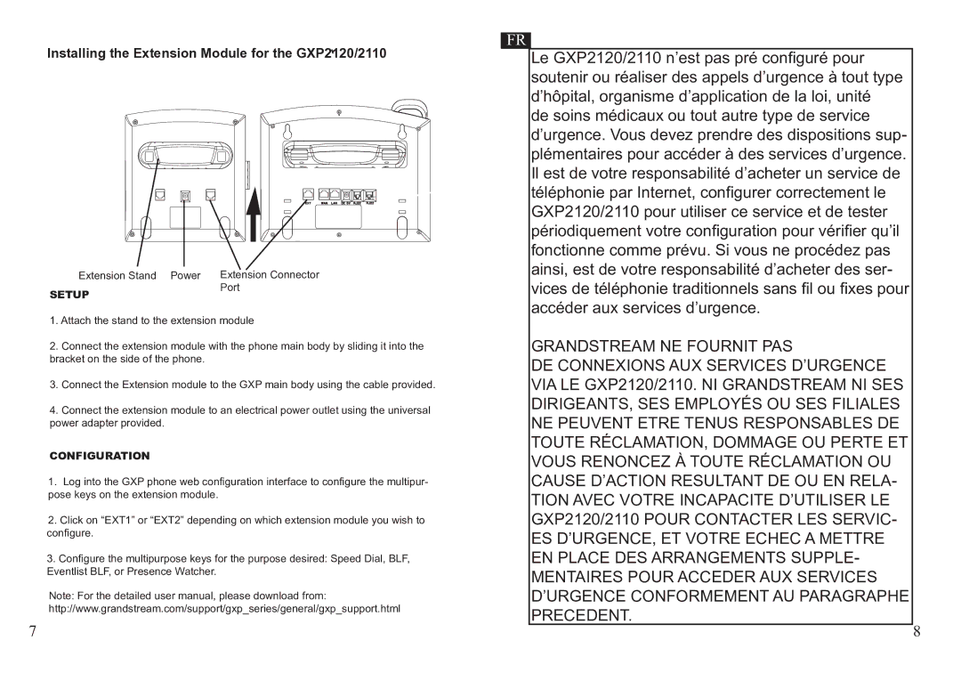 Grandstream Networks GXP2110 warranty Installing the Extension Module for the GXP2120/2110, SetupPort, Configuration 