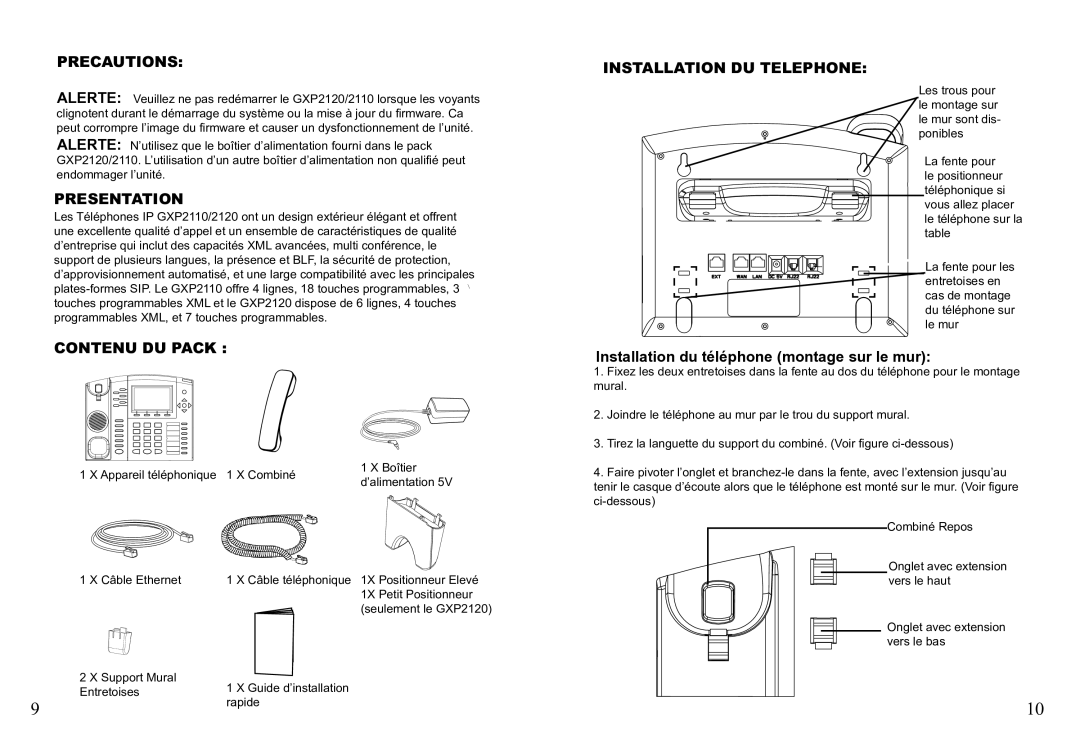 Grandstream Networks GXP2110 warranty Presentation, Contenu DU Pack, Installation DU Telephone 