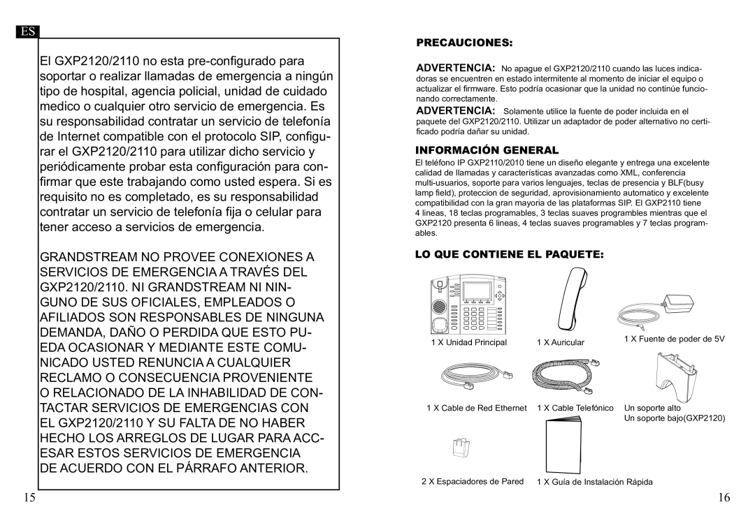 Grandstream Networks GXP2110 warranty Precauciones, Información General, LO QUE Contiene EL Paquete 