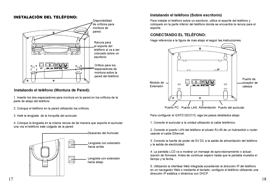 Grandstream Networks GXP2120 Instalación DEL Teléfono, Instalando el teléfono Montura de Pared, Conectando EL Teléfono 