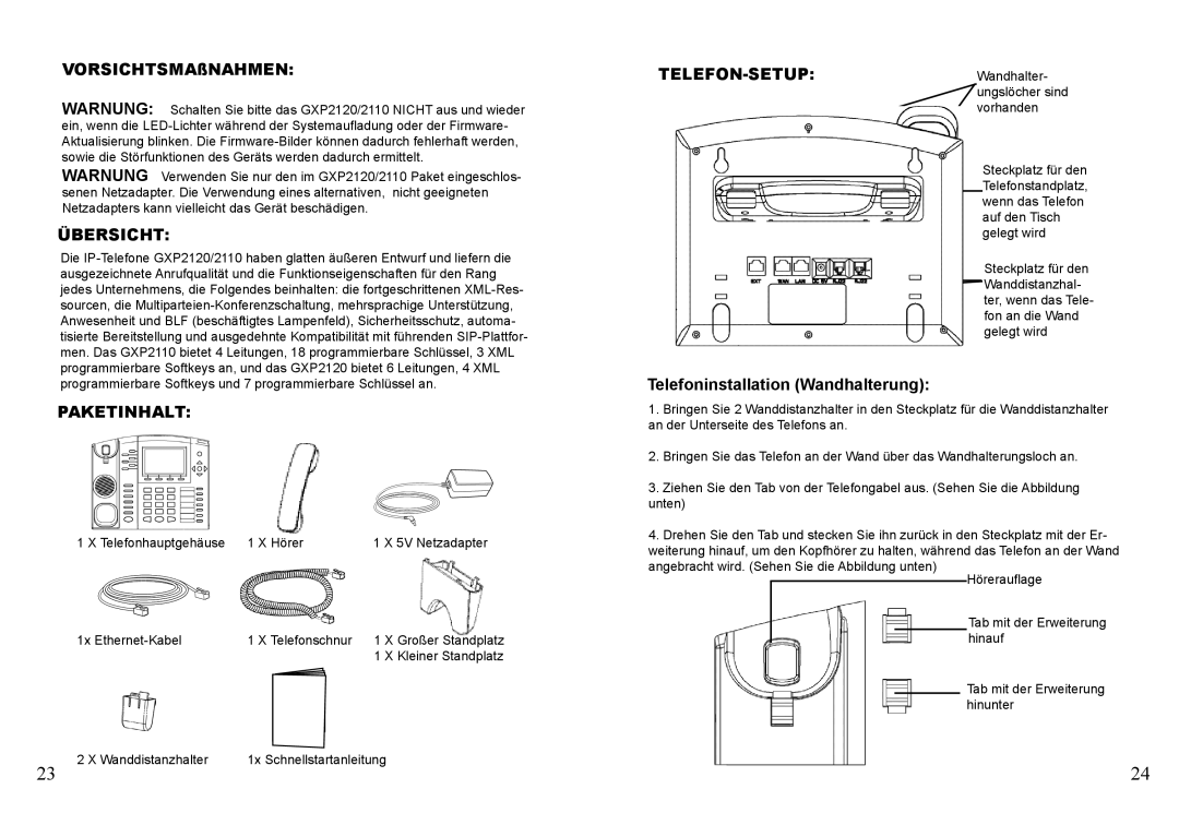 Grandstream Networks GXP2120 VORSICHTSMAßNAHMEN, Übersicht, Telefon-Setup, Telefoninstallation Wandhalterung, Paketinhalt 