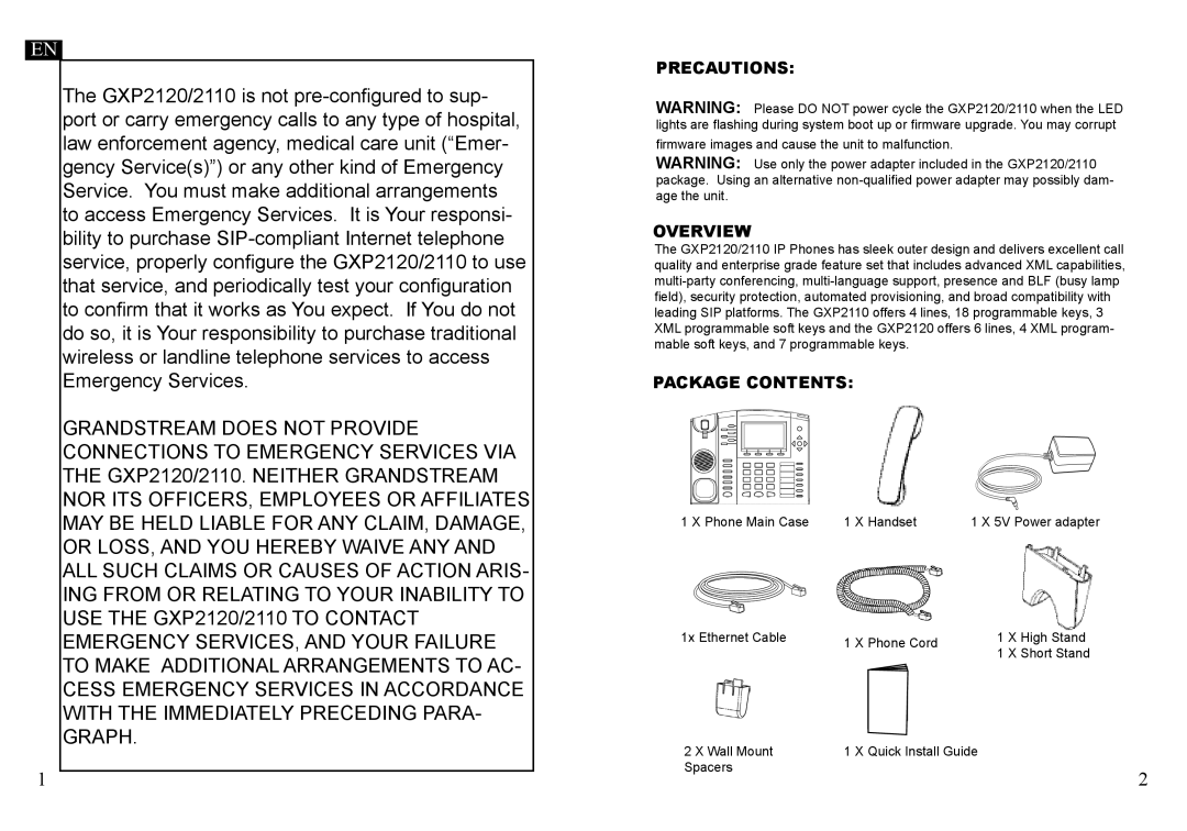 Grandstream Networks GXP2120 warranty Precautions, Overview, Package Contents 