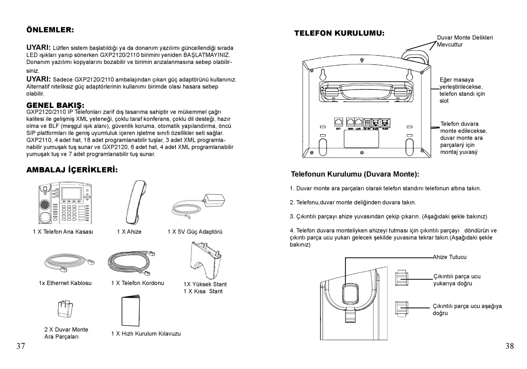 Grandstream Networks GXP2120 Önlemler, Genel Bakiş, Ambalaj İçerİklerİ, Telefon Kurulumu, Telefonun Kurulumu Duvara Monte 