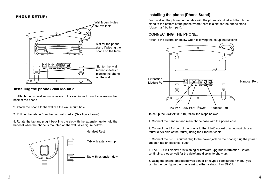 Grandstream Networks GXP2120 warranty Phone Setup, Installing the phone Wall Mount, Installing the phone Phone Stand 
