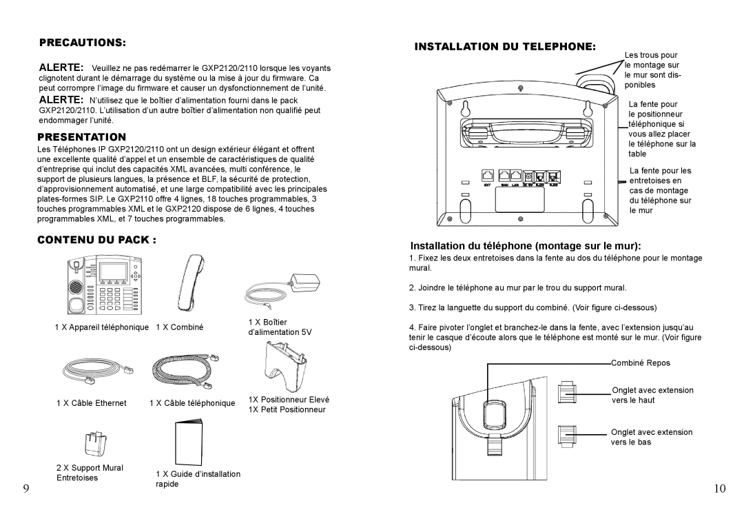 Grandstream Networks GXP2120 warranty Presentation, Contenu DU Pack, Installation DU Telephone 