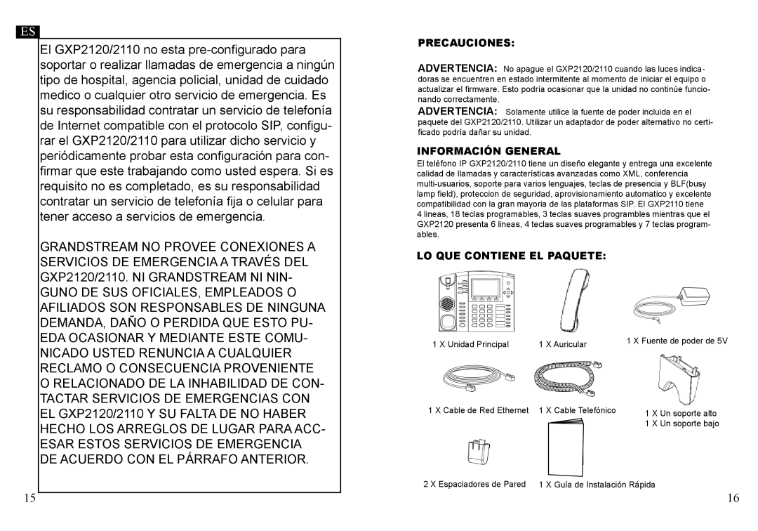 Grandstream Networks GXP2120 warranty Precauciones, Información General, LO QUE Contiene EL Paquete 