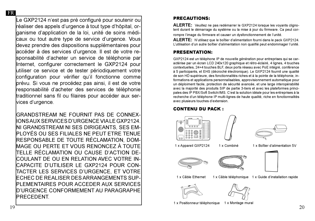 Grandstream Networks GXP2124 warranty Precautions, Presentation, Contenu DU Pack 