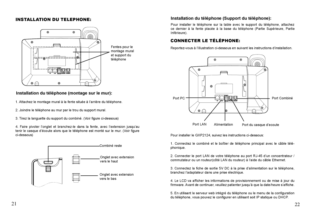 Grandstream Networks GXP2124 warranty Installation DU Telephone, Installation du téléphone montage sur le mur 