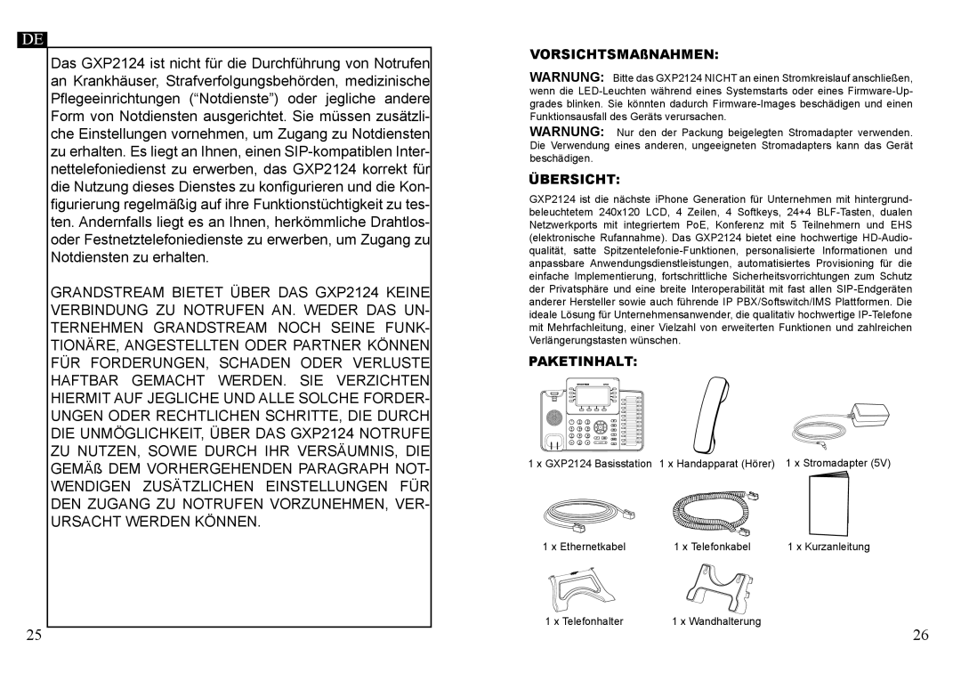 Grandstream Networks GXP2124 warranty VORSICHTSMAßNAHMEN, Übersicht, Paketinhalt 