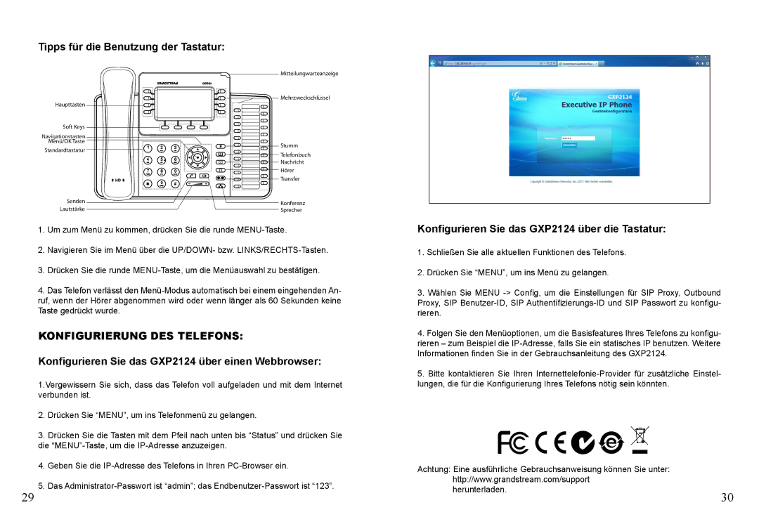 Grandstream Networks warranty Tipps für die Benutzung der Tastatur, Konfigurieren Sie das GXP2124 über die Tastatur 