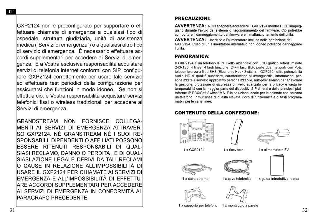 Grandstream Networks GXP2124 warranty Precauzioni, Panoramica, Contenuto Della Confezione 