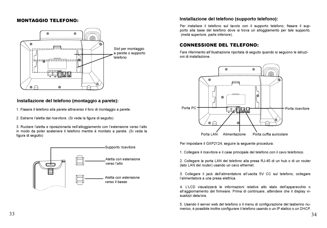 Grandstream Networks GXP2124 Montaggio Telefono, Installazione del telefono montaggio a parete, Connessione DEL Telefono 