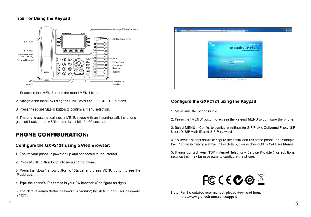 Grandstream Networks warranty Phone Configuration, Tips For Using the Keypad, Configure the GXP2124 using a Web Browser 