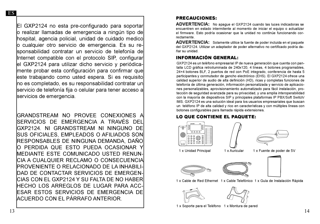 Grandstream Networks GXP2124 warranty Precauciones, Información General, LO QUE Contiene EL Paquete 