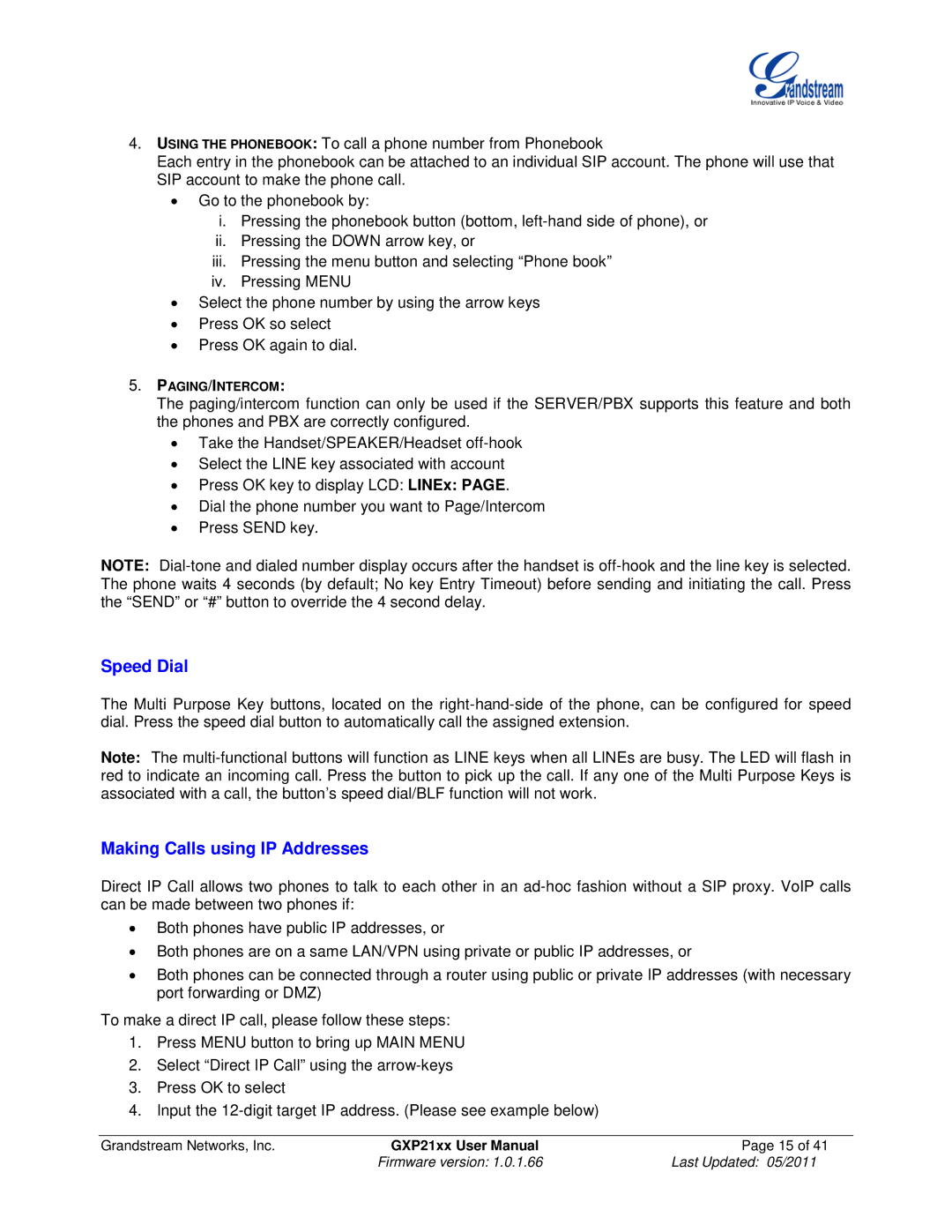 Grandstream Networks GXP21XX user manual Speed Dial, Making Calls using IP Addresses 