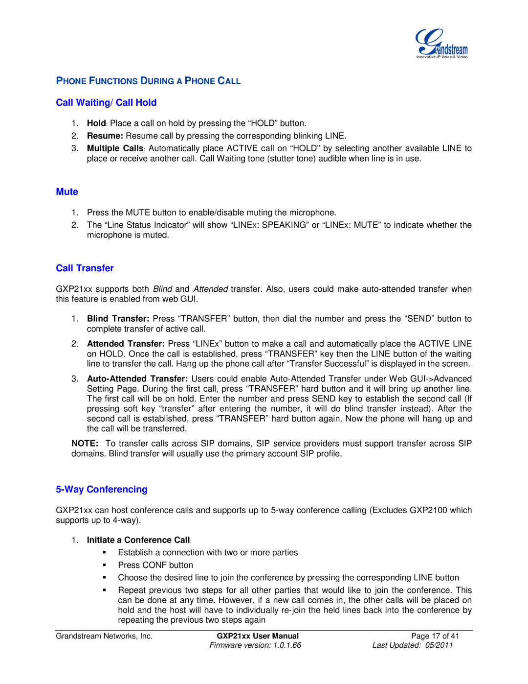 Grandstream Networks GXP21XX user manual Call Waiting/ Call Hold, Mute, Call Transfer, Way Conferencing 