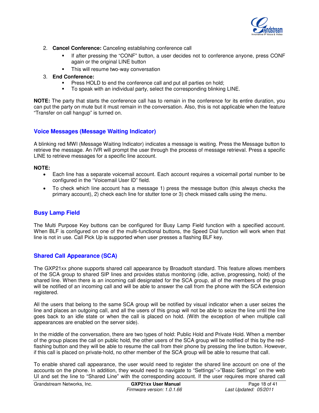 Grandstream Networks GXP21XX Voice Messages Message Waiting Indicator, Busy Lamp Field, Shared Call Appearance SCA 
