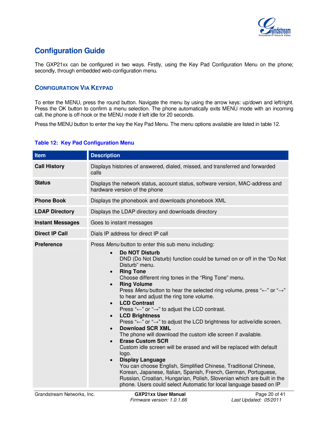 Grandstream Networks GXP21XX user manual Configuration Guide, Configuration VIA Keypad, Key Pad Configuration Menu 