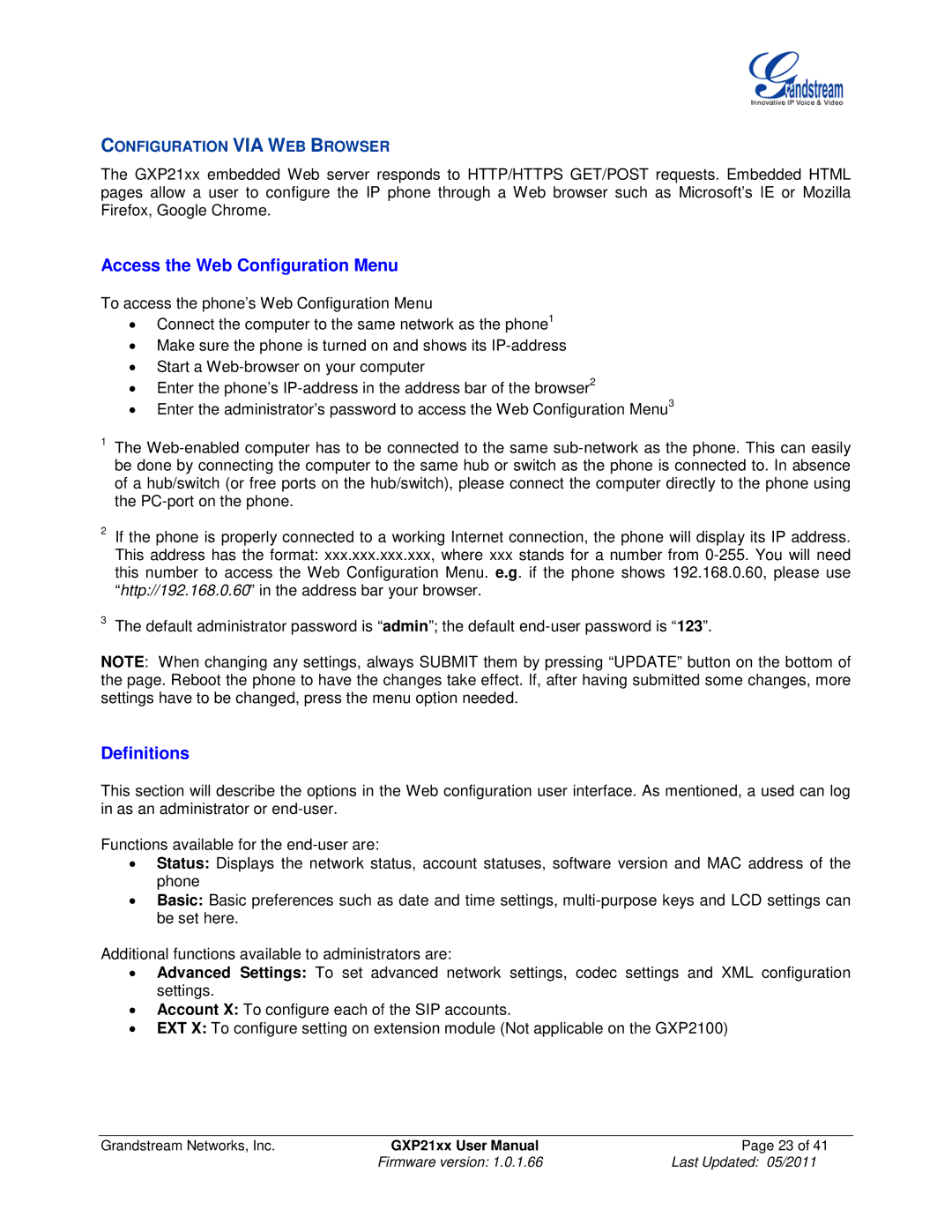 Grandstream Networks GXP21XX user manual Access the Web Configuration Menu, Definitions, Configuration VIA WEB Browser 