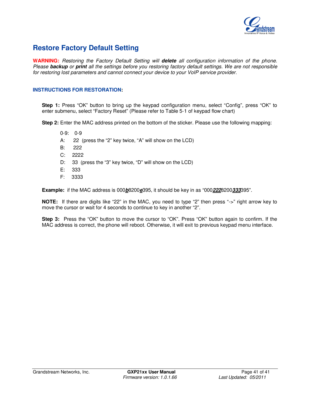 Grandstream Networks GXP21XX user manual Restore Factory Default Setting, Instructions for Restoration 