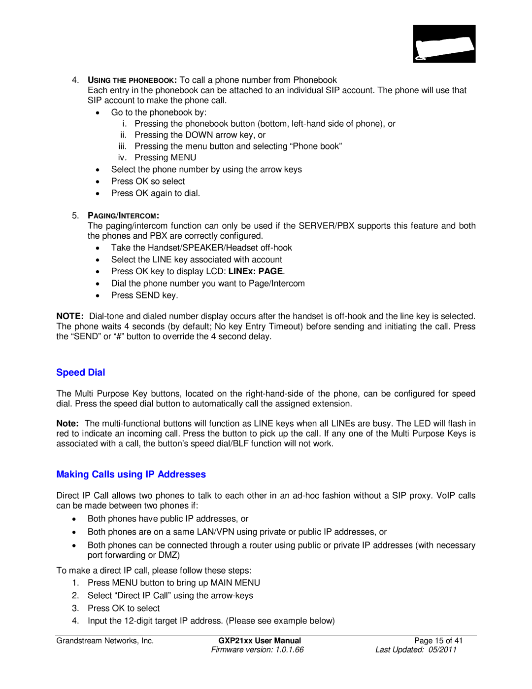 Grandstream Networks GXP21XX user manual Speed Dial, Making Calls using IP Addresses 