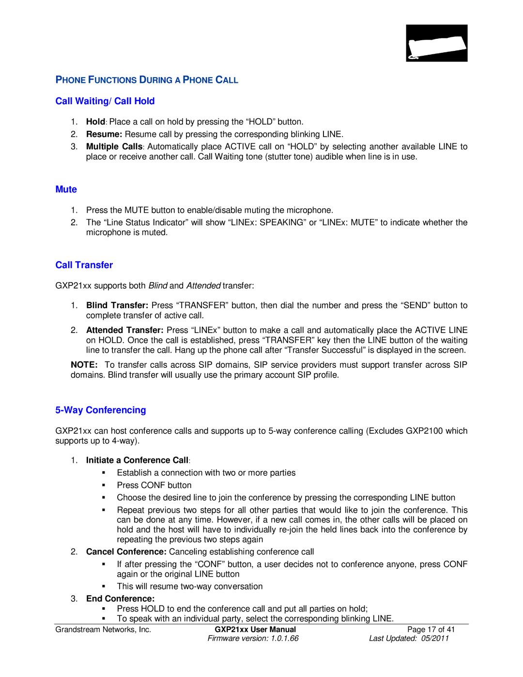 Grandstream Networks GXP21XX user manual Call Waiting/ Call Hold, Mute, Call Transfer, Way Conferencing 