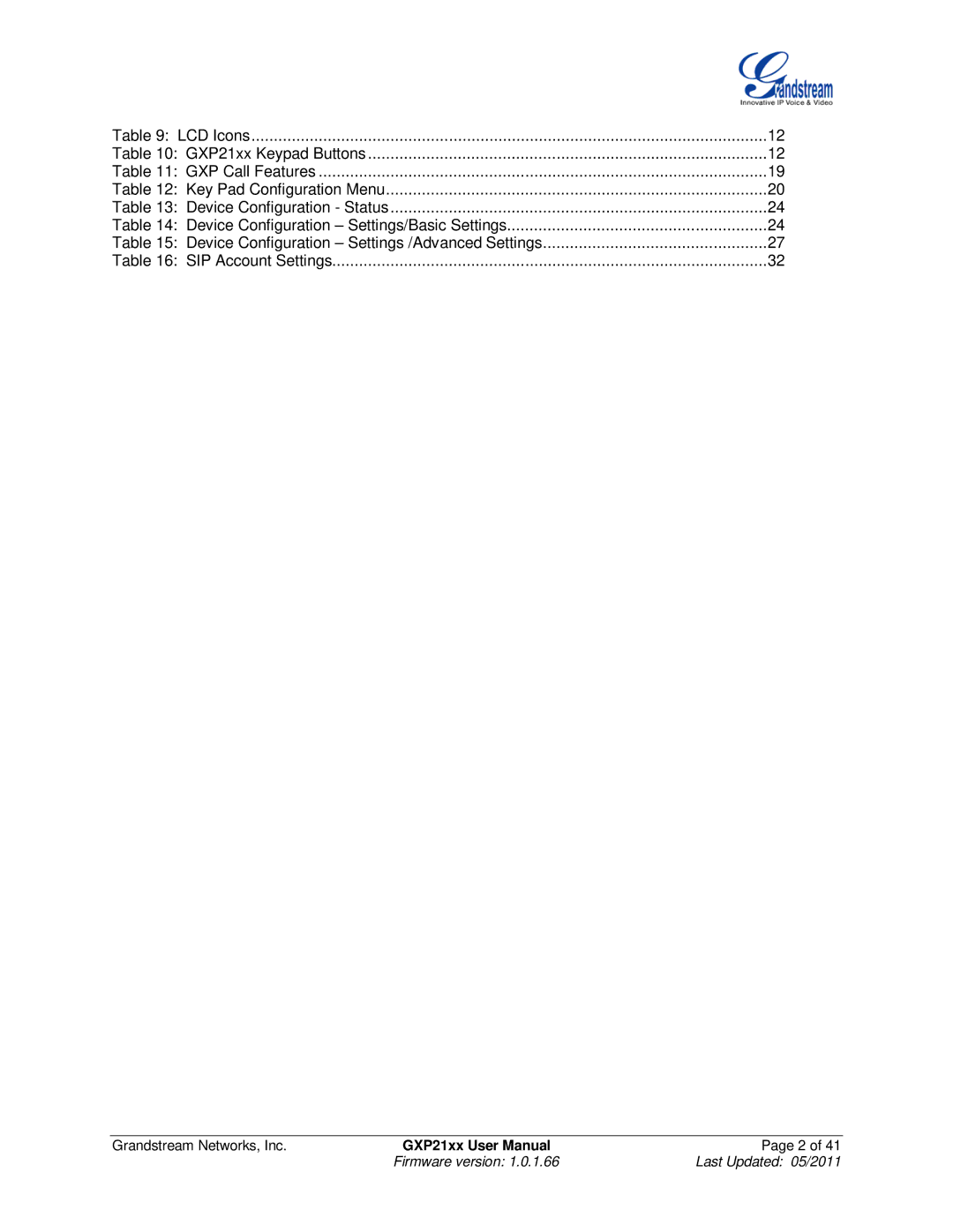 Grandstream Networks GXP21XX user manual SIP Account Settings Grandstream Networks, Inc 