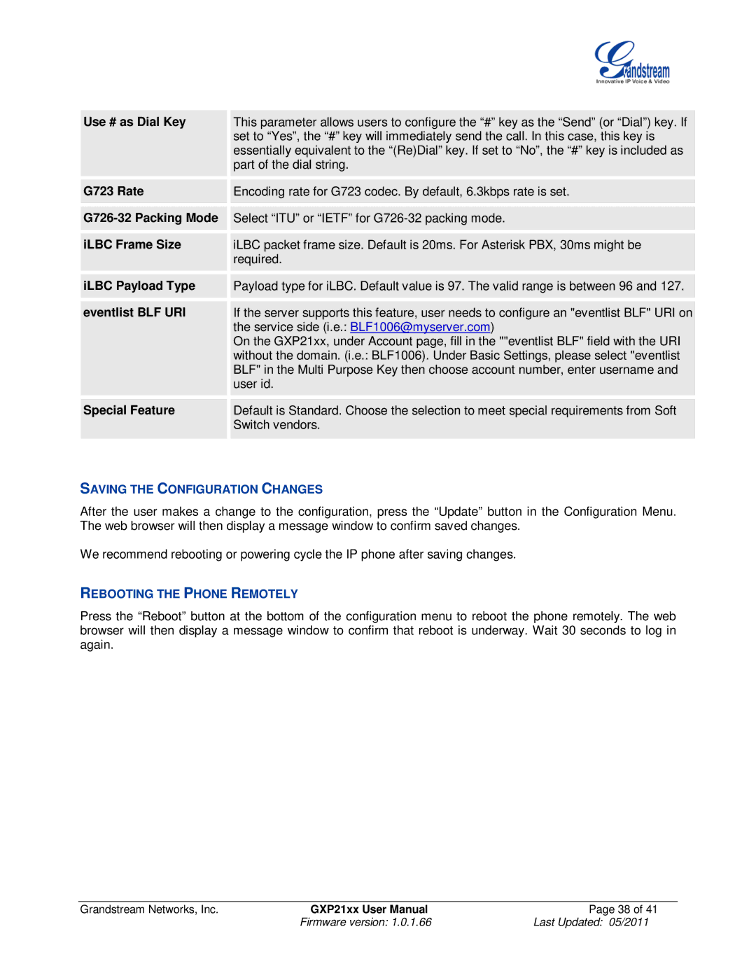 Grandstream Networks GXP21XX user manual Saving the Configuration Changes, Rebooting the Phone Remotely 