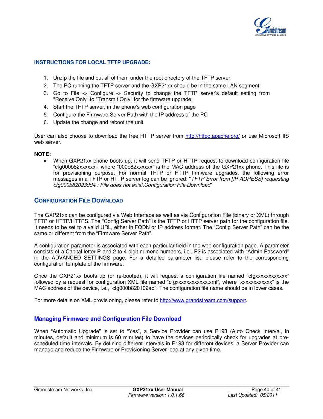 Grandstream Networks GXP21XX Managing Firmware and Configuration File Download, Instructions for Local Tftp Upgrade 